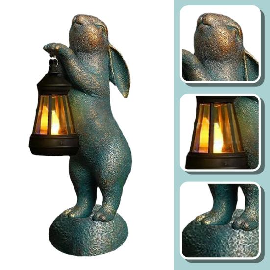 Garden Rabbit Figurine with Solar Lantern Indoor Outdoor Resin Bunny Statue Sculpture