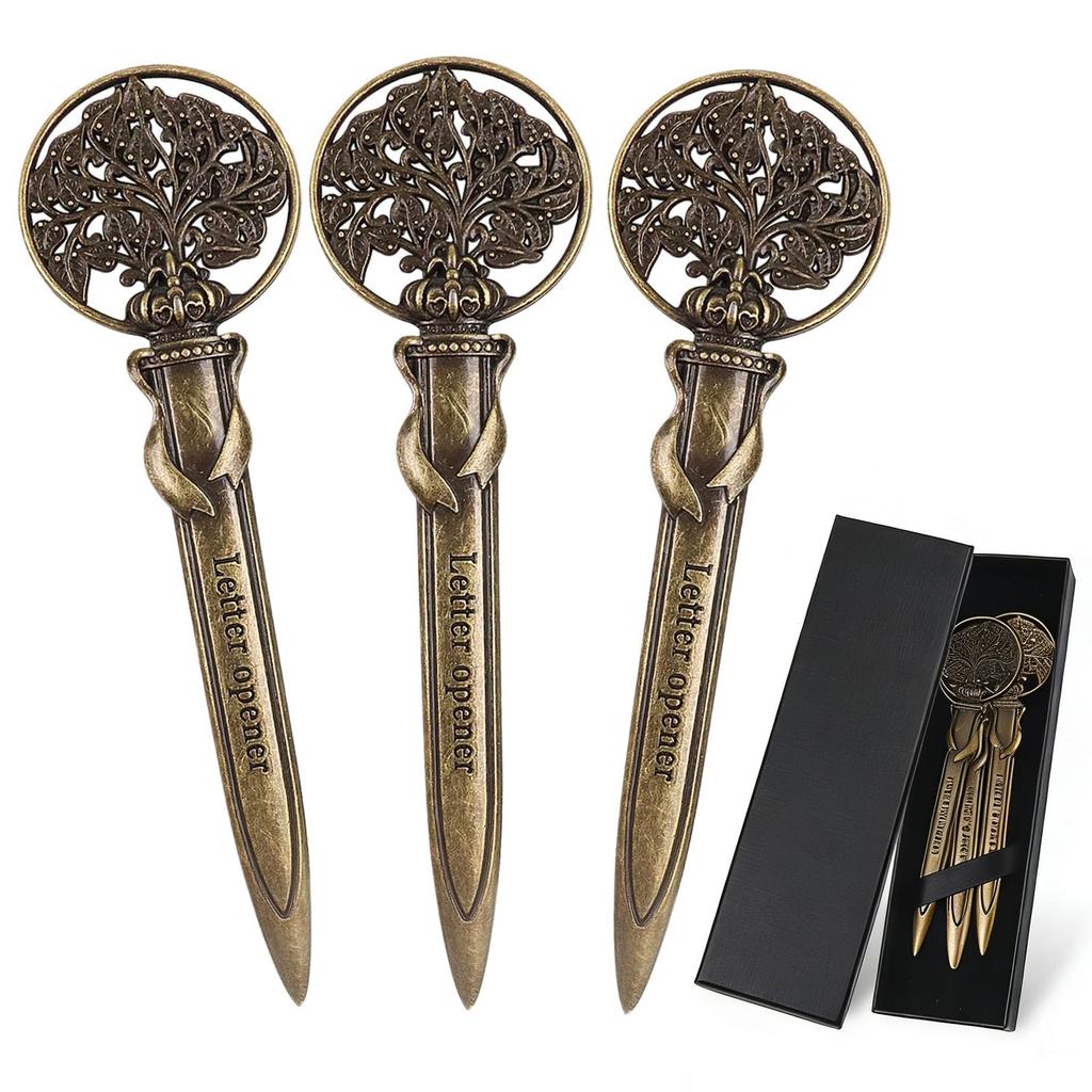 Vintage Metal Letter Opener Antique Pack of 3 Envelope Slitter with Gift Box Ancient Tree Shaped Mail Opener for Office Mail Supplies