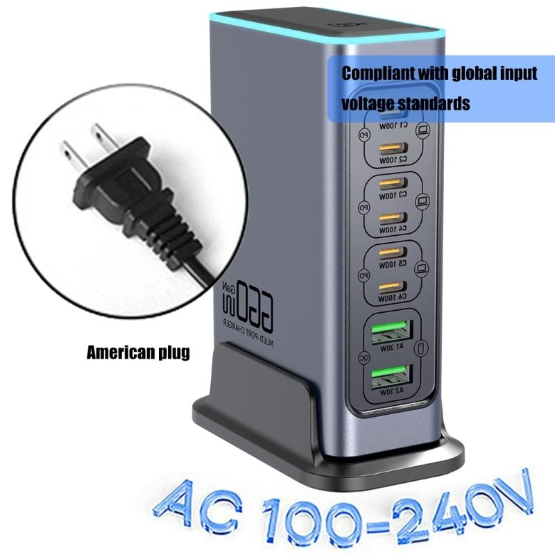 8-портовый USB-C GaN-адаптер питания 660 Вт, поддержка PD100W PD3.0 быстрой зарядки для нескольких электронных устройств