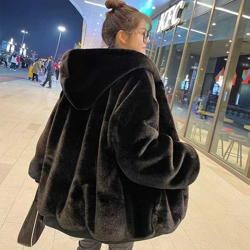 Korean Imitation Rex Rabbit Fur Coats Female Winter Warm Long Thickened Hooded Lamb Wool Cashmere Coat