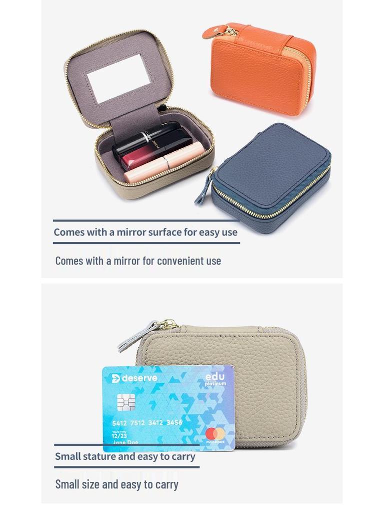 Сумка для губной помады из натуральной кожи с зеркалом - Мини-косметичка, кошелек для монет и держатель для наушников для женщин.