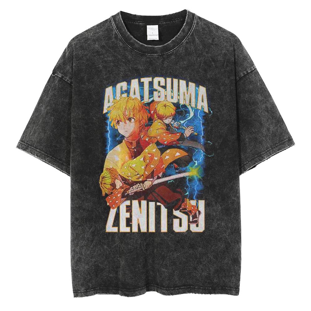 Hot Anime Demon Slayer Kokushibo Graphic Print Washed T Shirt Men Vintage Cotton Tshirts Manga Casual Tee Harajuku Male T-shirt