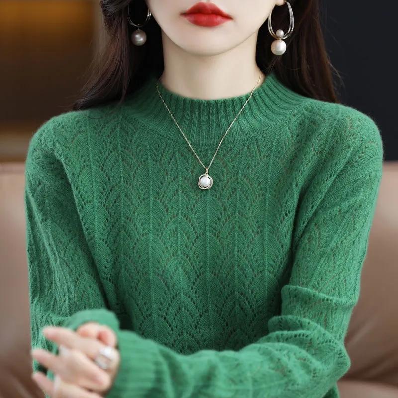 Spring Autumn Mock-neck Pullover Sweater for Women Hollow Out Knitwear Jumpers Female Pull Femme Top