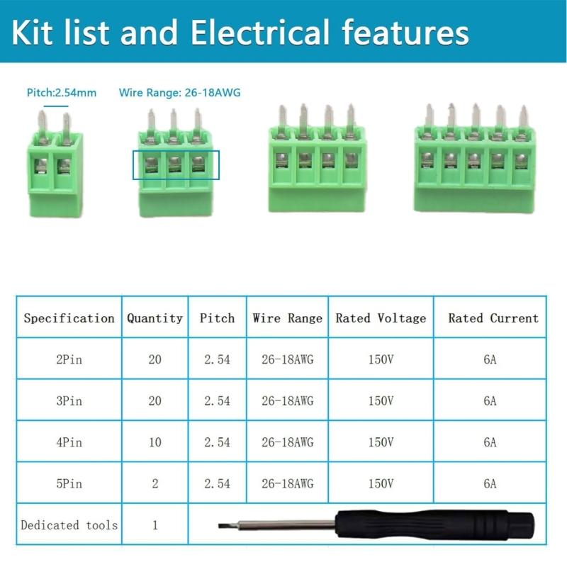 52Pcs PCB Wiring Terminals 2.54mm Pitches PCB Mount Screw Terminals Block Straight Pin 2/3/4/5Pin Circuit Board Connector
