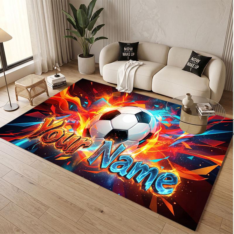 Soccer Theme Soft Crystal Velvet Rug Custom Name & Text Print Non Slip Floor Rug for Bedroom Living Room