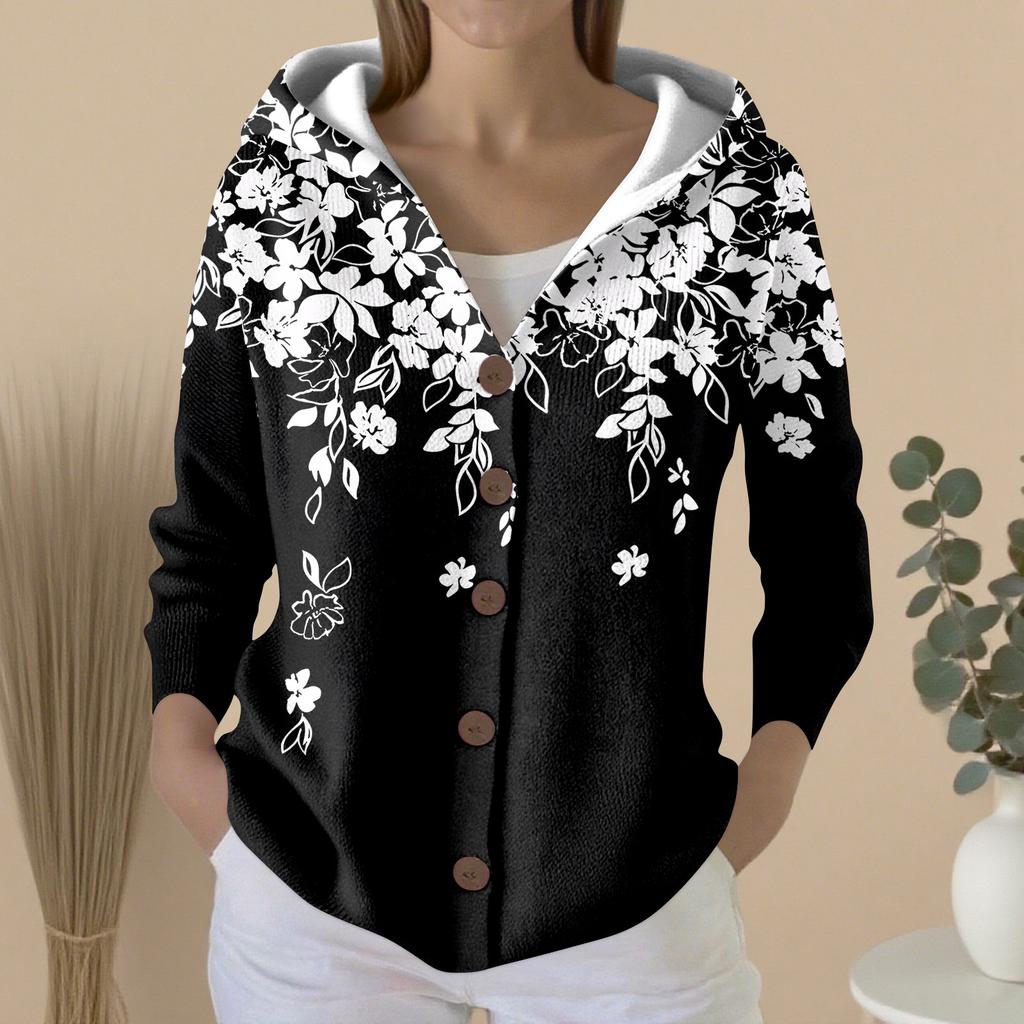 Women's Fashion Casual Sweater Button-Up Print Cardigan Hooded Jacket