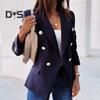 Женский пиджак с лацканами, длинный рукав, двубортный пиджак с карманами-клапанами, однотонный, свободный крой, офисная женская верхняя одежда