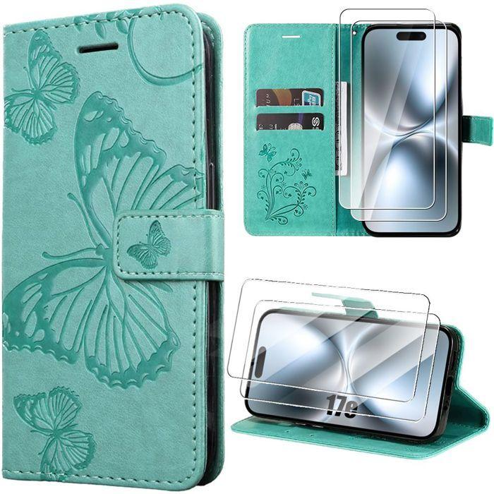 Coque Synthécuir - BOOLING - pour iPhone 17e - Antichoc Motif Papillon - Vert - 2 Verres Trempés