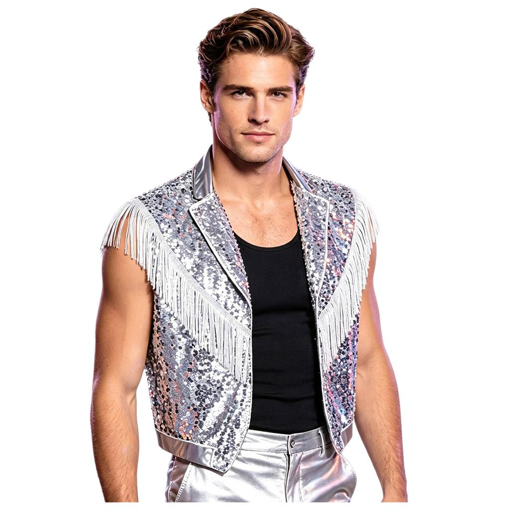 Sparkling Allover Sequin Vest for Men Lapel Sleeveless Open Front Metallic Tassel Top for Nightclub Stage Hip Hop Jazz