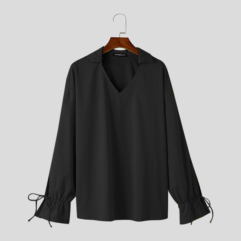 INCERUN Men V Neck Long Drawstring Sleeve Solid Color Casual Shirts Tops