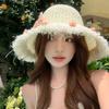 Striped Bow Flower Hollow Woven Straw Hat for Women Summer Outdoor Sun Shading Hat Fisherman Hat