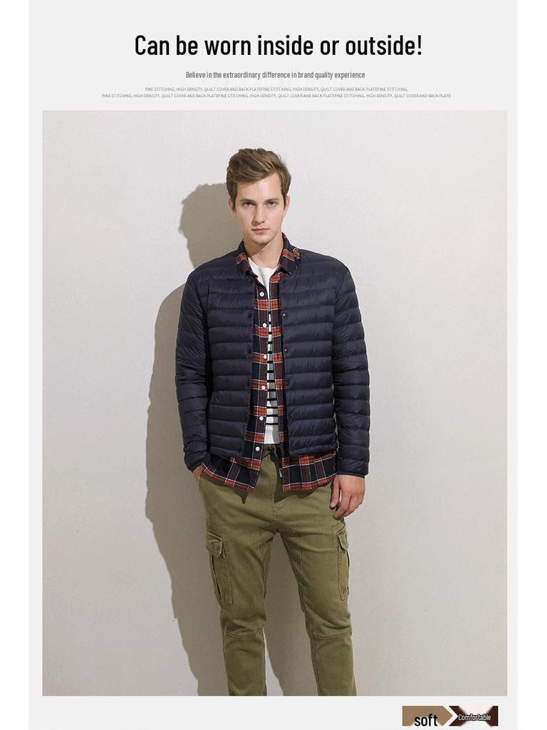 Мужская легкая пуховая куртка без воротника 2024 года - Круглый/V-образный вырез, Большой размер, Теплый внутренний слой