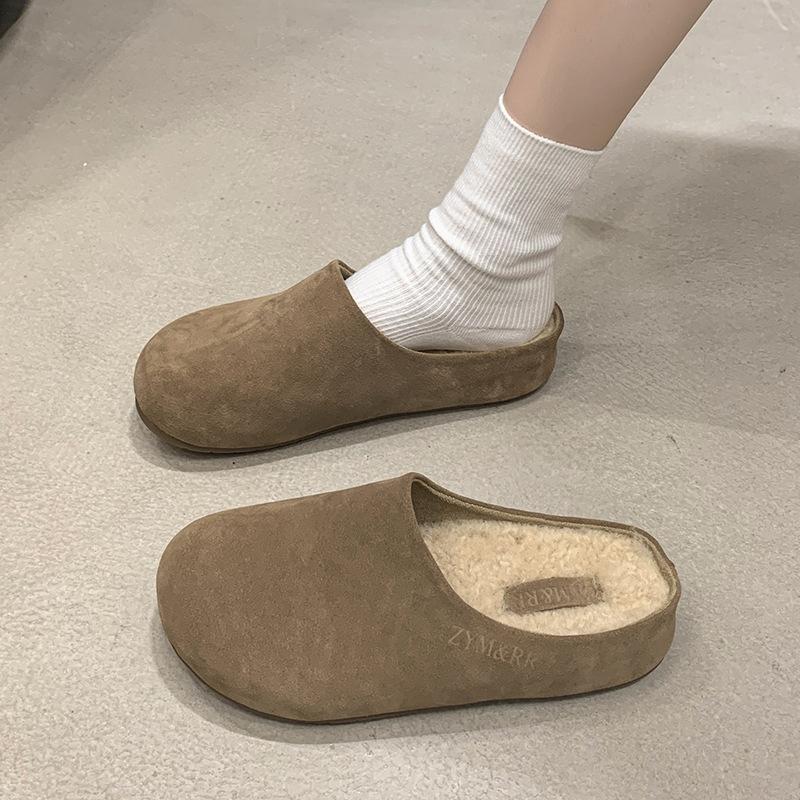 Simple Thick-soled Bag Head and Half Slippers for Women's 2024 New Autumn and Winter Velvet Half-tray One-pedal Boken Slippers