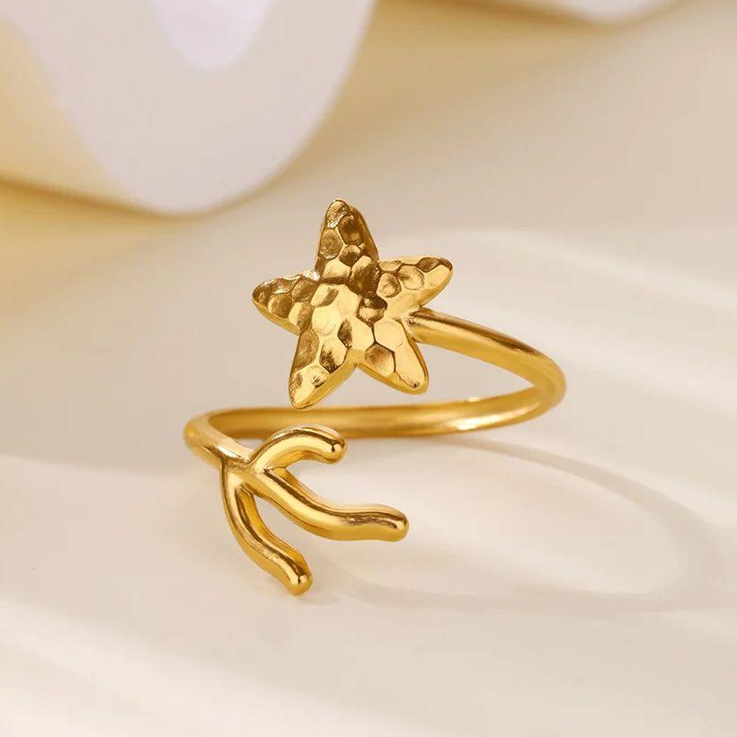 Stainless Steel Geometric Star Rings For Women Gold Color Star Grass Opening Ring Wedding Luxury Jewelry Gift