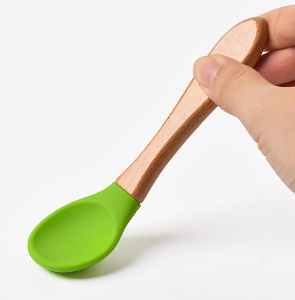 Силиконовая вилка и ложка с деревянной ручкой, набор вилок и ложек для кормления, отличный подарок на Рождество, Хэллоуин, День благодарения, Новый год