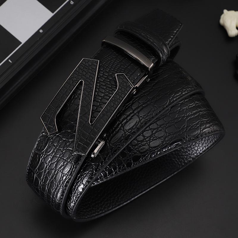 Мужской кожаный ремень с узором крокодила и автоматической пряжкой - Модный, универсальный и повседневный аксессуар для талии для брюк