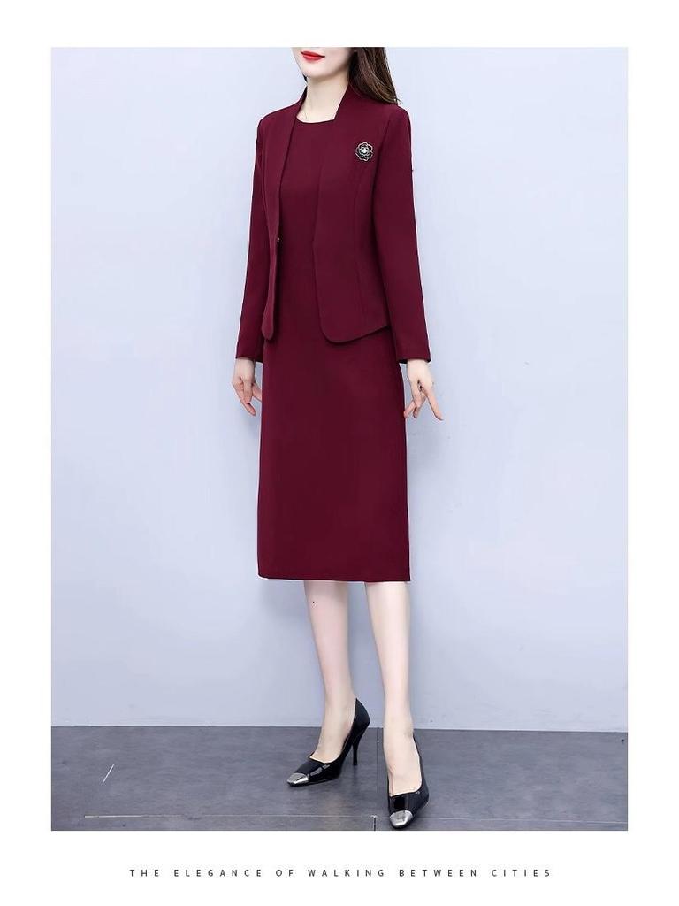 Красный ангоровый облегающий формальный комплект из платья и юбки - Профессиональная весенне-осенняя рабочая одежда для руководителей