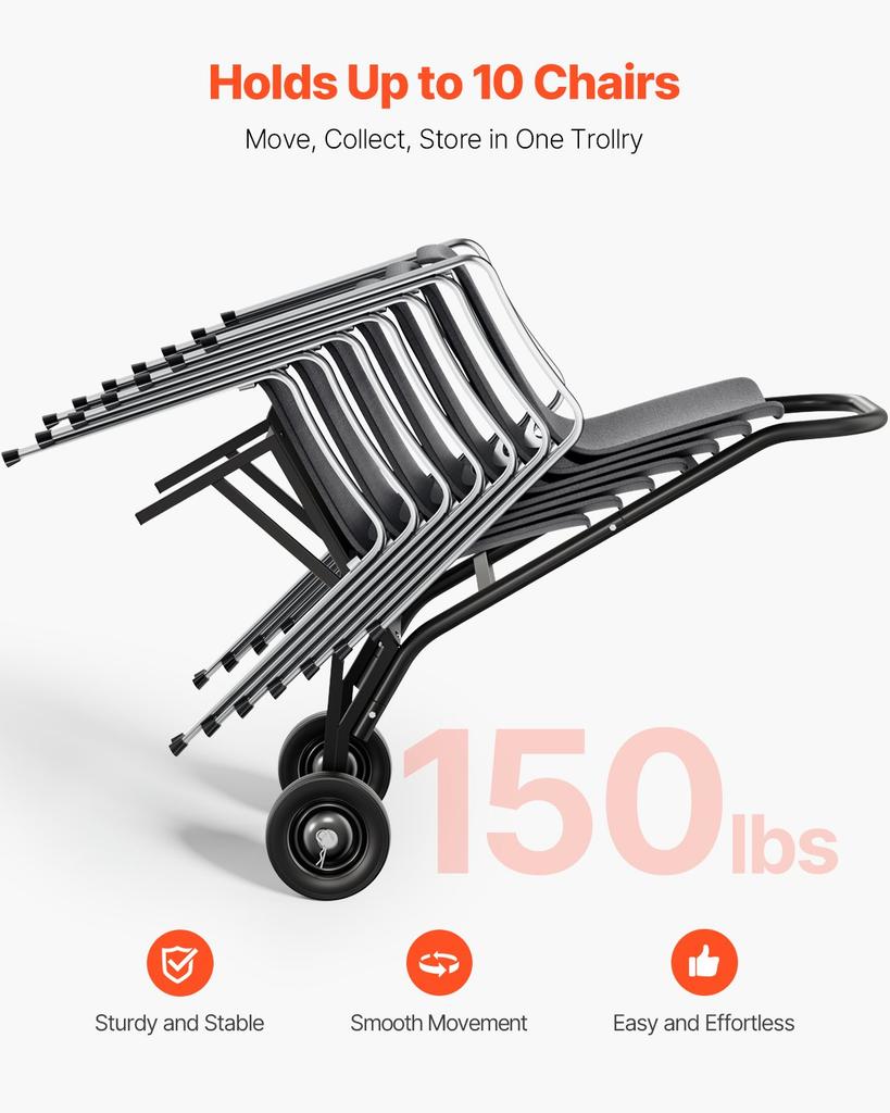 VEVOR Folding Chair Rack, 150 LBS Capacity, Heavy-duty Chair Cart for Stacking 10 Chairs, Multi-Function Metal Chair Storage Dolly with Rubber Wheels