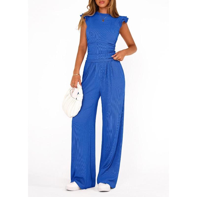 GMXIA Women's Fashion Casual Summer Spring Short Sleeve O-Neck Pants Suits