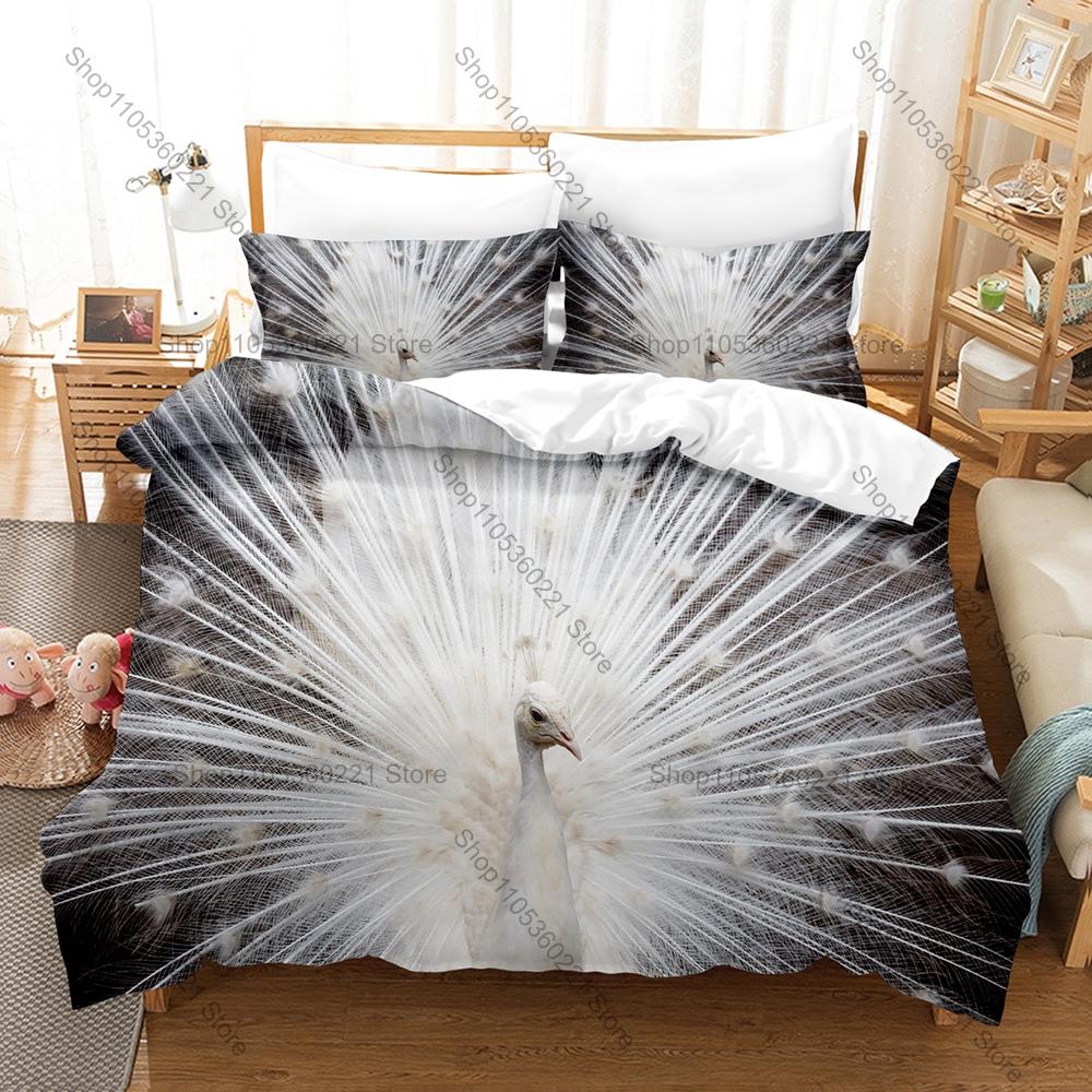 Peacock Printed Bedding Set, Duvet Cover + 2 Pillowcases Elegant Bird Pattern Soft Bed Sheets for Living Room Dorm Decoration