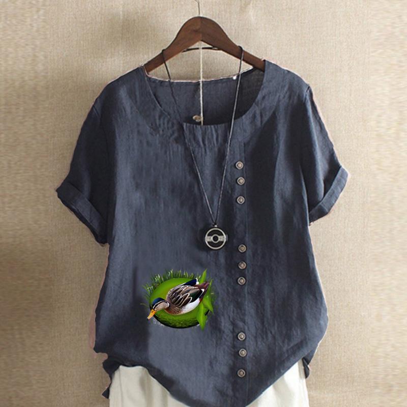 Women's Fashion Duck Prined Round Neck Short Sleeve T-shirt Casual Cotton Linen Graphic Shirt Leisure Loose Summer Blouse Tops