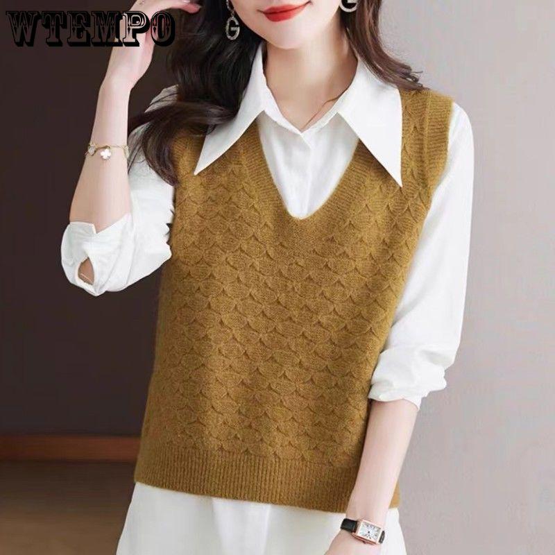 Женский свитер-жилет свободного кроя, повседневный вязаный жилет, свитер с круглым вырезом, женские топы-жилеты