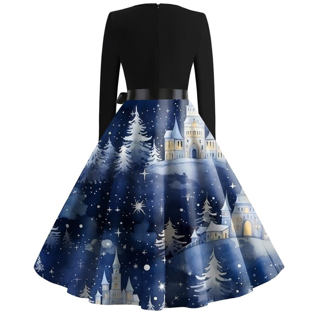 Women's Casual Fashion V-neck Long Sleeved Retro Christmas Print Retro Dress Autumn
