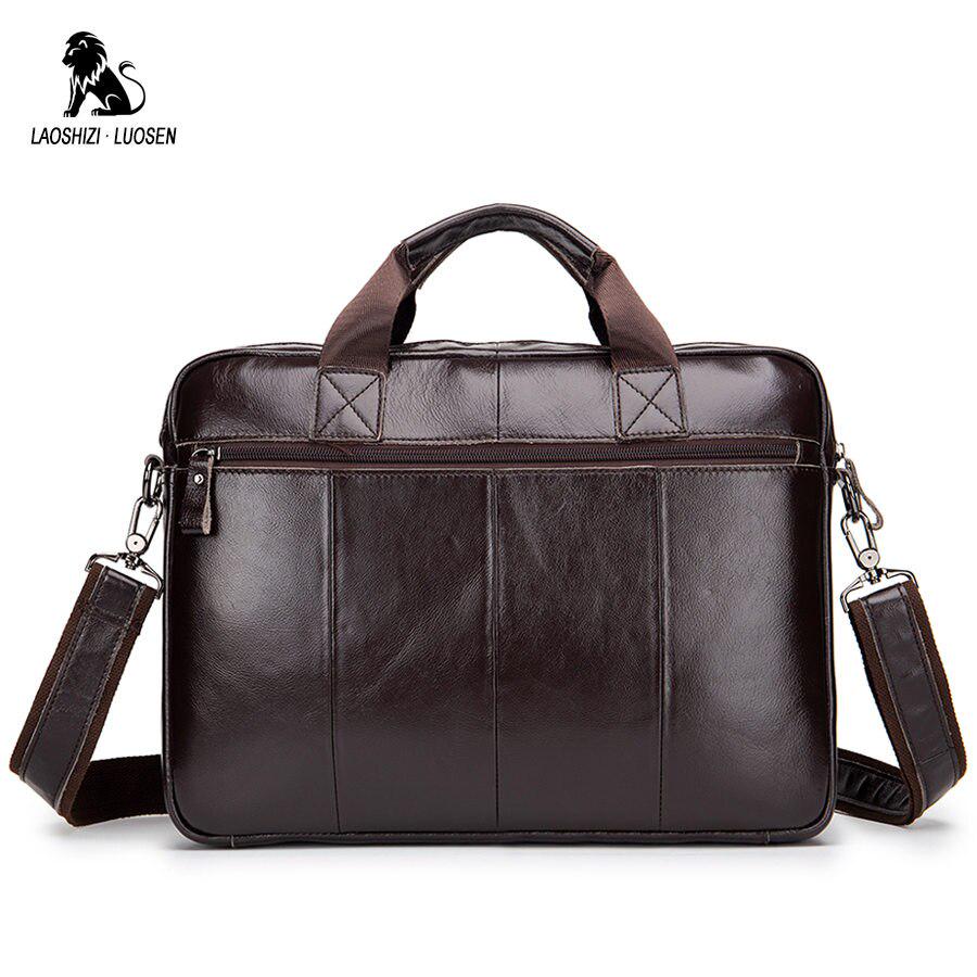 Деловой мужской портфель LAOSHIZI из натуральной кожи для компьютера с ручками и длинным наплечным ремнем