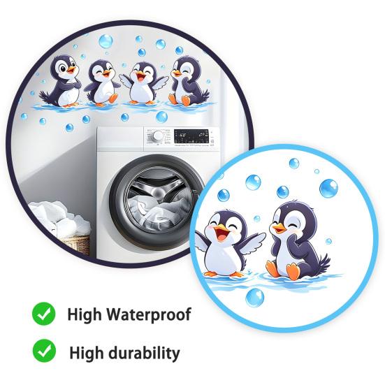 Penguin Wall Decals, Cute 4 Happy Penguins Bathing Decor, Self Adhesive Removable Wall Stickers for Bathroom, Kids Room & Shower Wall Art
