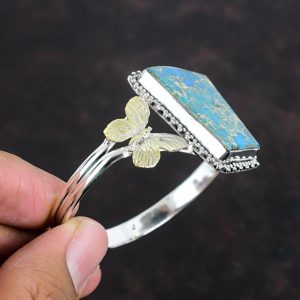 Blue Sea Sediment Jasper Bangle Gemstone Butterfly Bangle 925 Sterling Silver Cuff Bracelet 18K Gold Plated Adjustable Bangle Gifts For Him