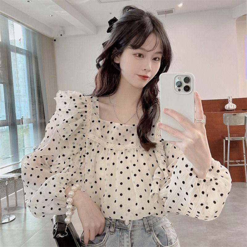 Французская стильная дизайнерская блузка с длинным рукавом для ношения навыпуск из свежего шифона в горошек, женский осенний маленький топ