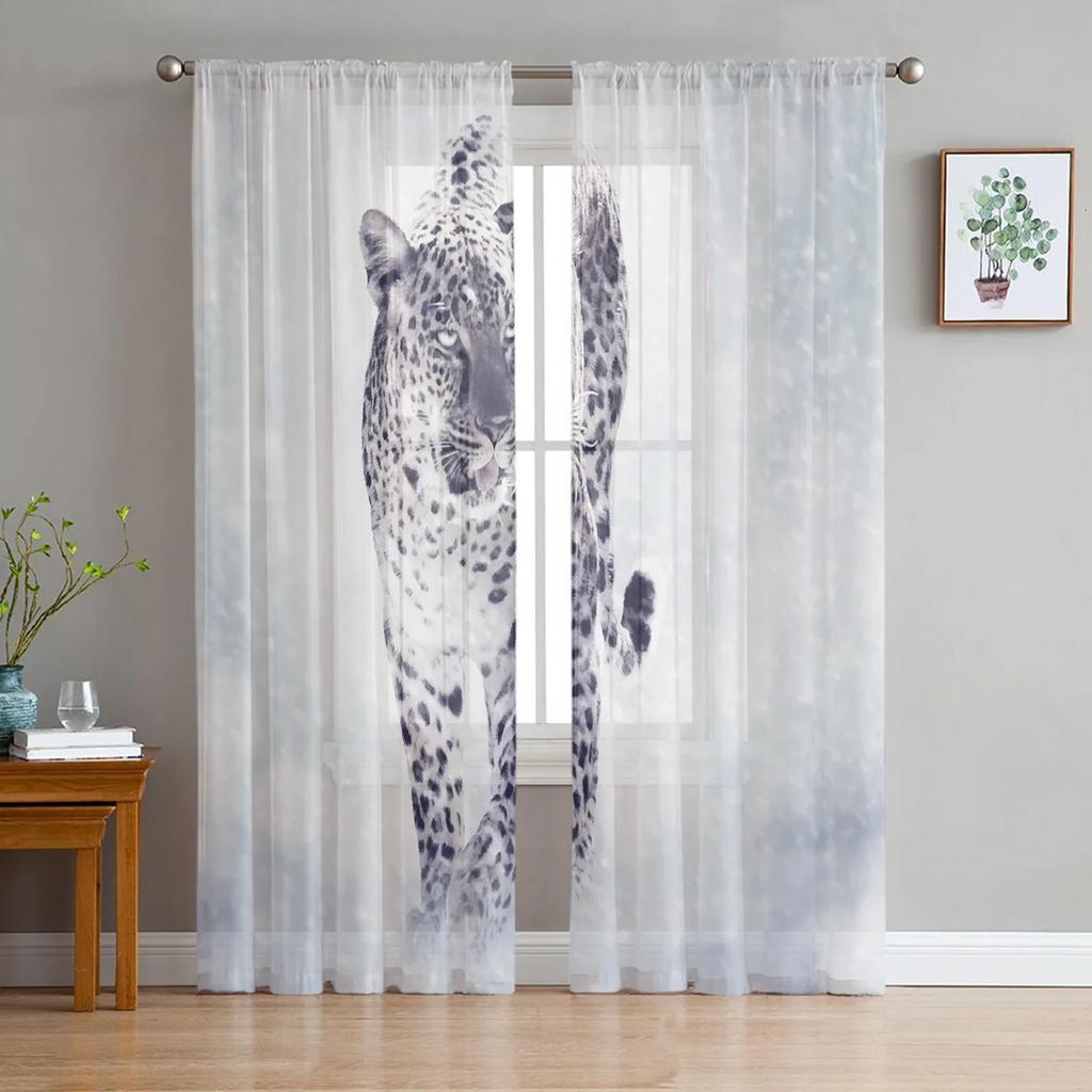 Leopard Animal Snowflake Winter Tulle Sheer Curtains for Living Room Decoration Window Curtain for Bedroom Voile Organza Drapes