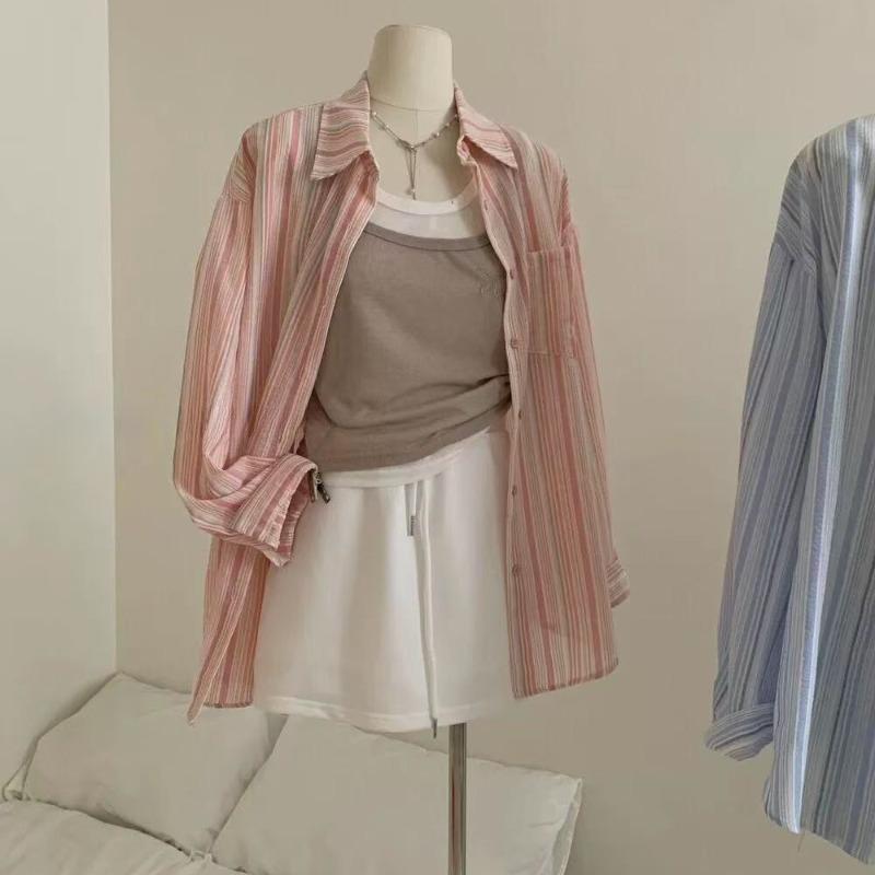 Модная свободная повседневная полосатая рубашка для женщин, весна-лето, застегивающаяся на пуговицы, солнцезащитные блузки, женские топы, элегантные простые офисные женские рубашки 26113