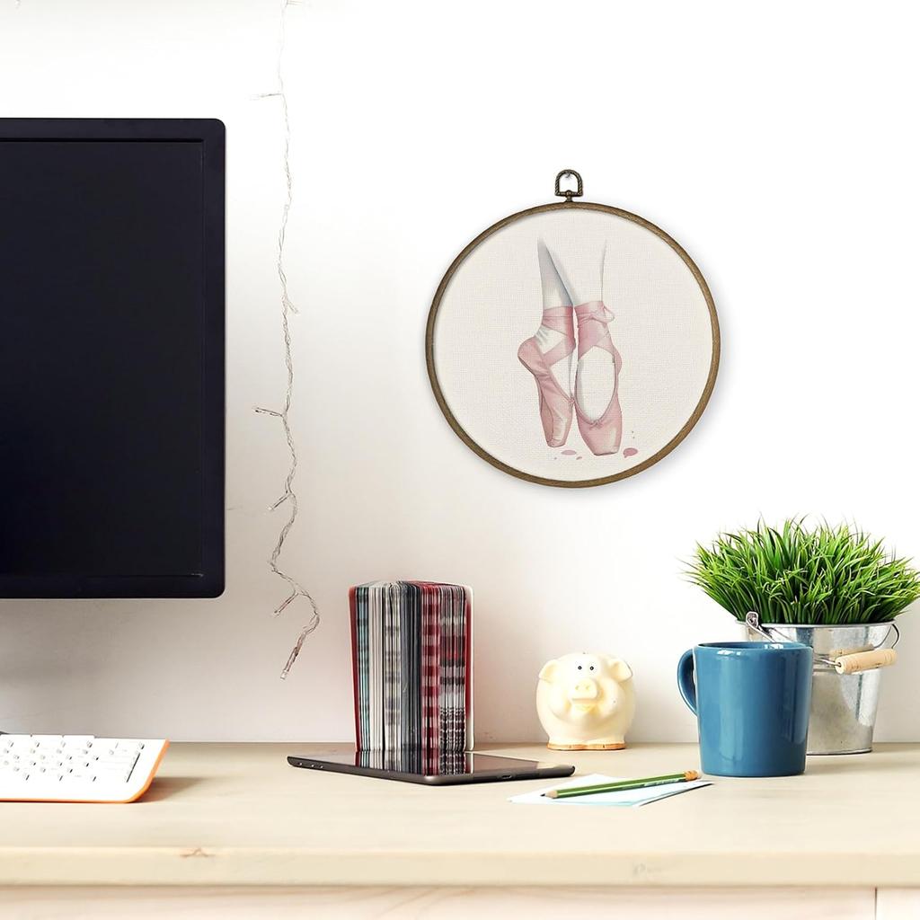 MAQIKA Coquette Ballerina Framed Wall Art Decor, Ballet Wall Art, Pink Ballet Shoes Round Wall Hanging Decor, Girly Dance Ballerina Canvas Prints