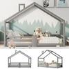 Children's Bed House Bed with Chimney Fall Protection Sturdy Slatted Frames Pine Wood House Bed for Kids, 90 x 200 cm without Mattress, Grey