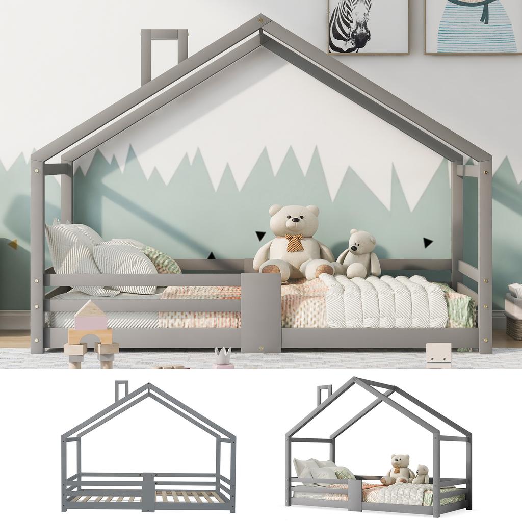 Children's Bed House Bed with Chimney Fall Protection Sturdy Slatted Frames Pine Wood House Bed for Kids, 90 x 200 cm without Mattress, Grey