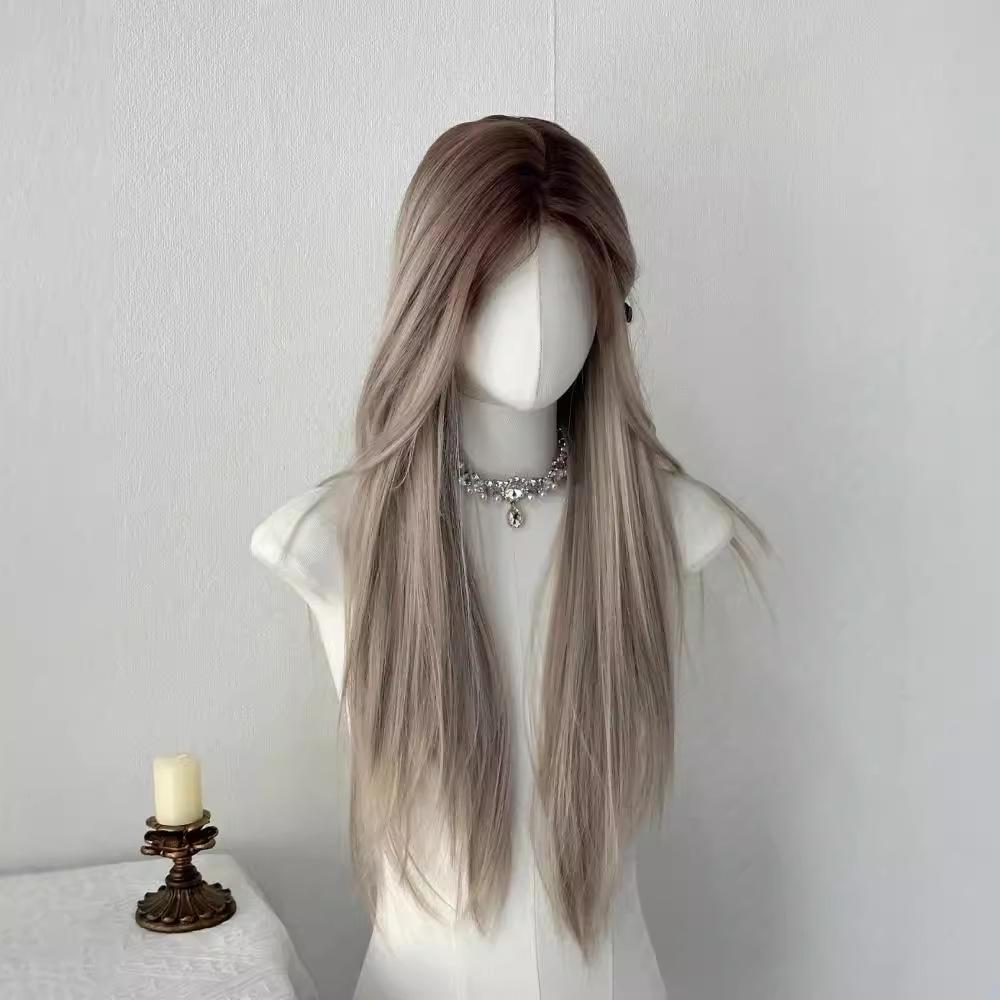 Азиатский длинный прямой парик на кружевной основе - Градиентное окрашивание, пробор посередине, полное покрытие головы, натуральный вид для женщин