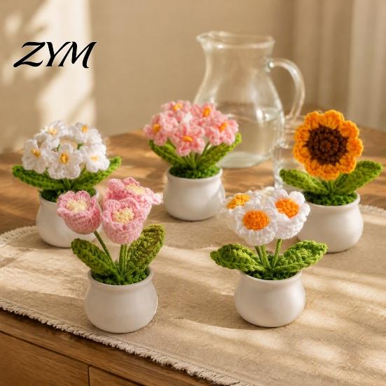 Small Potted Flowers Handmade Crochet Flower Decoration, Knit Artificial Sunflower Desktop Hand Knitted Plant Decor, Gift for Women, Mom, Teacher,