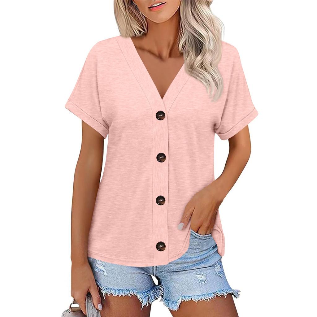 Women's Fashion Short-sleeved V-neck Solid Color Top Casual Button T-shirt