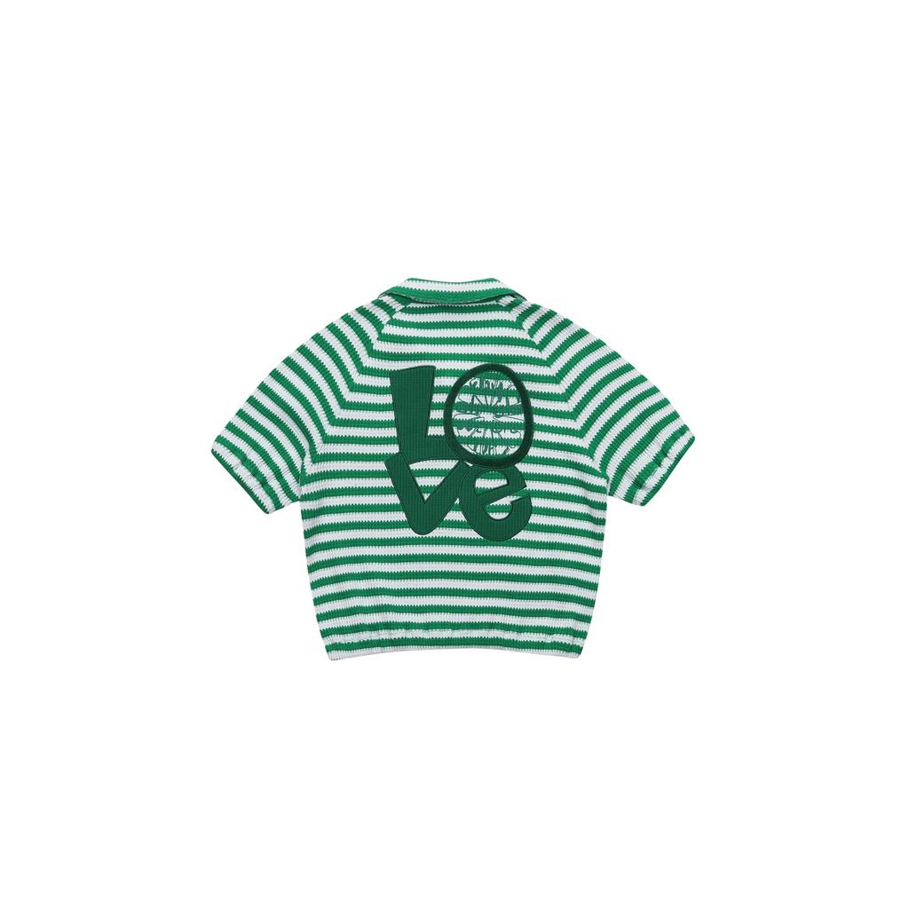 BALBI Love Striped Puff Sleeve Collared Short Sleeve Tee