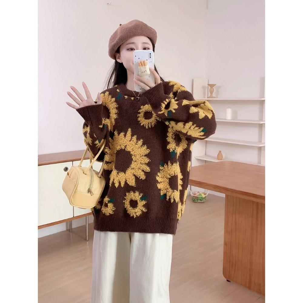 Европейский и американский жаккардовый свитер с подсолнухом, женский осенне-зимний свободный свитер с круглым вырезом и длинными рукавами средней и длинной длины
