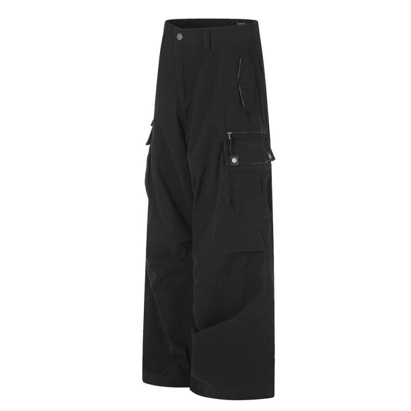 Mens High Street Fashion Cargo Pants Solid Color Loose Fit Distressed Hem Casual Trousers