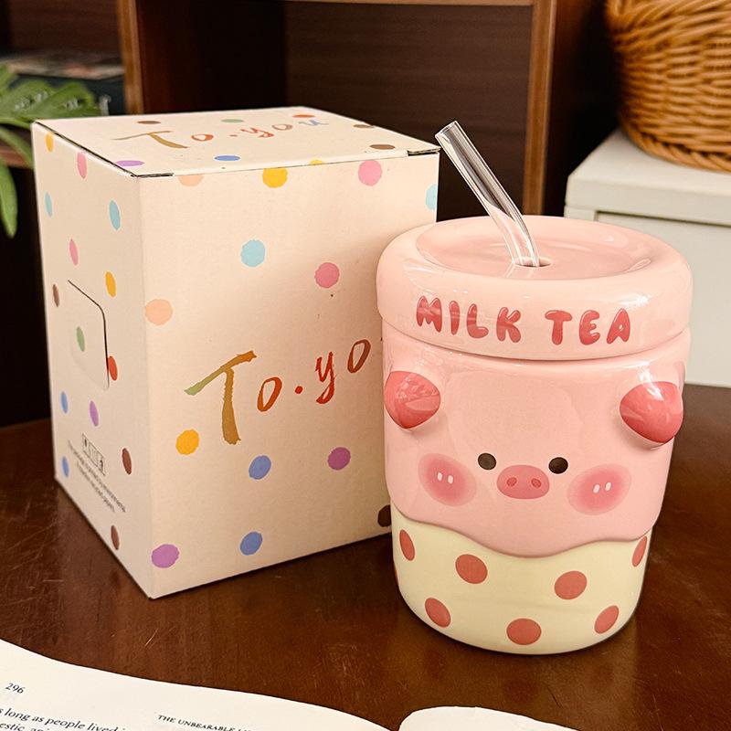 Cute Polka Dot Animal Ceramic Straw Cup with Lid Children's Household Cup  Girly Heart Creative Gift Souvenir