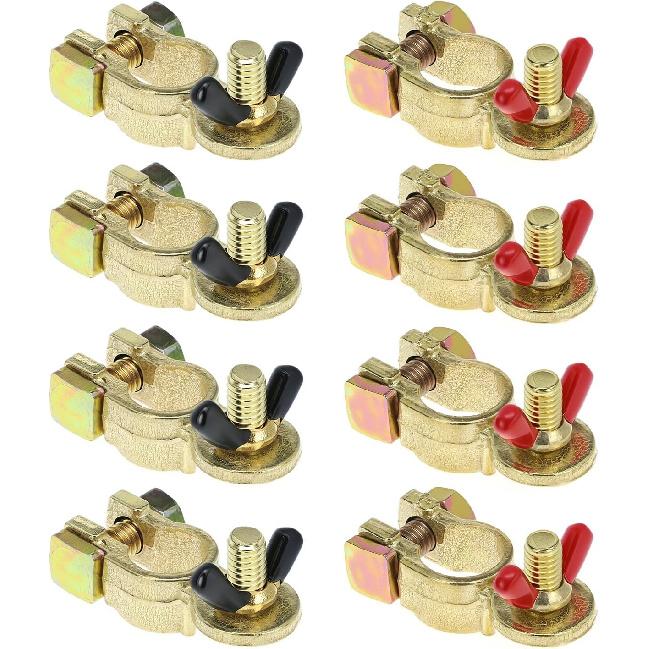QWORK Brass Marine Grade Battery Terminal Top Post, 4 Pairs Battery Terminal Connectors, Battery Terminal Clamps for Boat Car RV, Fit All Standard