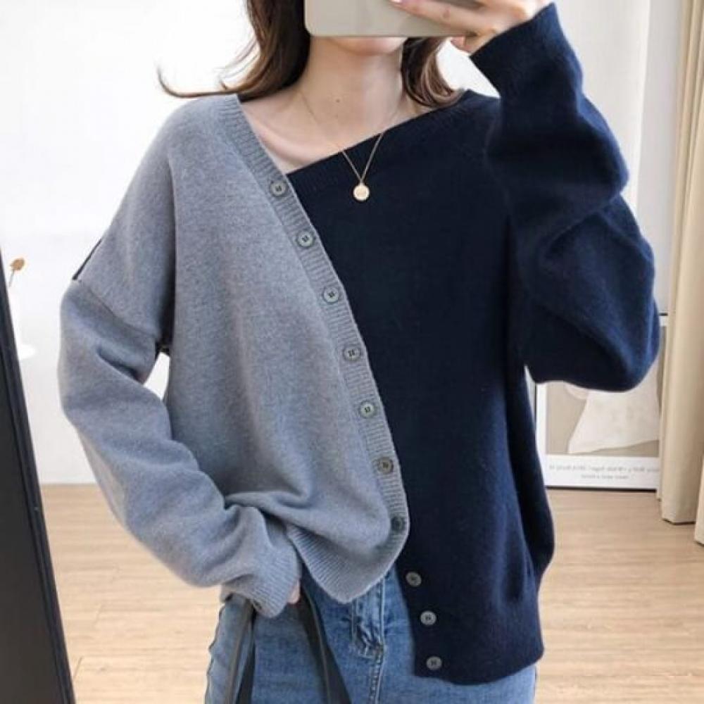 NaVaVa Unbalanced Color Block V Neck Long sleeVe Knit Cardigan Nk2860