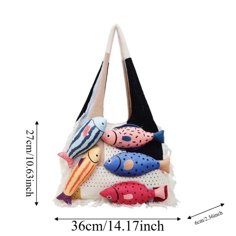 Fish Cotton Crochet Shoulder Bag Large Capacity Tassels Beach Handbag Hollow Out Woven Bag Beach