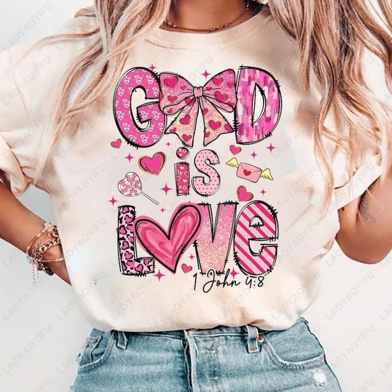 God Is Love Jesus Christ Cotton Shirt Cute Style Pink Bow Oneck Printed Tops Lovers Clothes Women Valentines Day Kawaii Gift