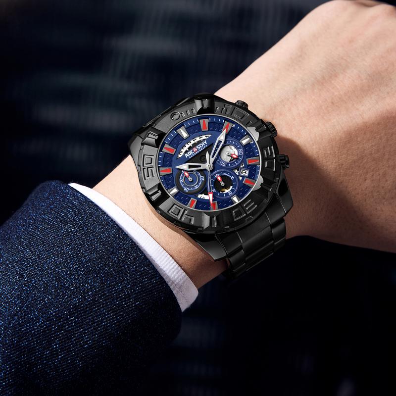 AOCASDIY Self-Owned Brand Fashion Domineer Dial Hollow-Out Design Full Function Men's Steel Belt Quartz Waterproof Watch