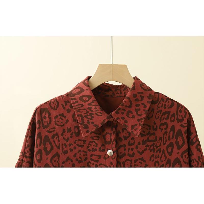 Women's New Spliced POLO Collar Buttons Fashionable Versatile Slim Leopard Print Long Sleeve Shirt