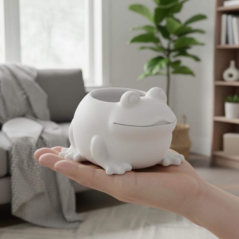 Decorative white flowerpot for plants in the shape of a frog, modern design